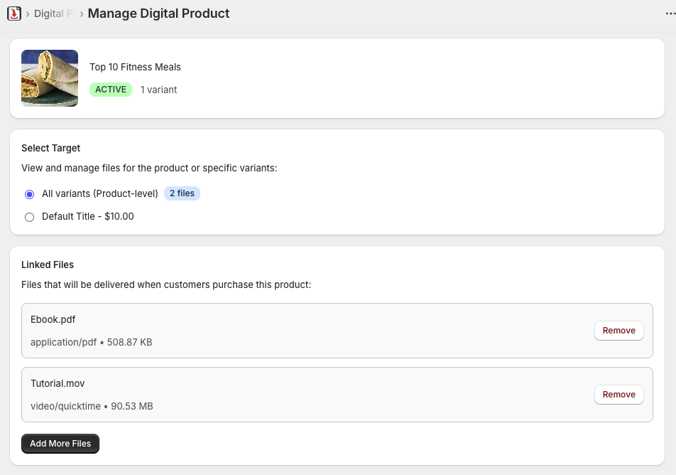 Screenshot of the Shopify product editor with a FileFlow panel showing files attached directly to the product, alongside download limit and expiry settings.