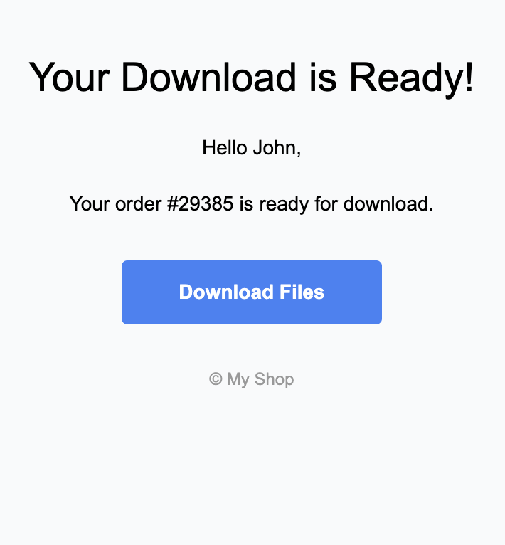 Screenshot of a customer order confirmation email containing a unique download link